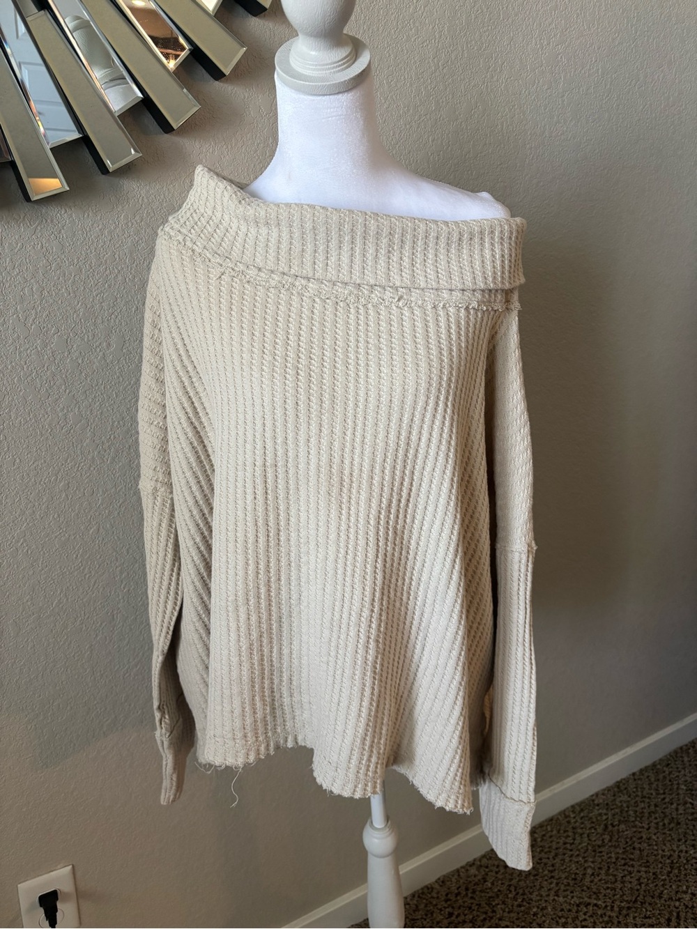 Free People Off-Shoulder Cream Waffle Knit Sweater